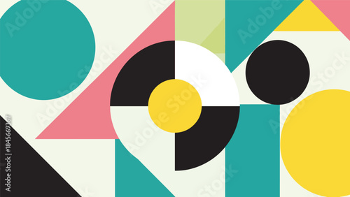 Modern geometric vector wallpaper featuring clean circles, triangles, and rectangles in a balanced flat composition with bold solid colors, minimal abstract background