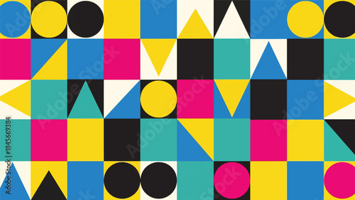 Modern geometric vector wallpaper featuring clean circles, triangles, and rectangles in a balanced flat composition with bold solid colors, minimal abstract background