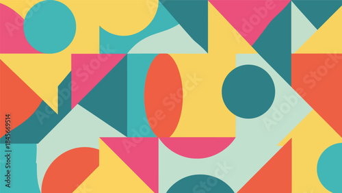 Modern geometric vector wallpaper featuring clean circles, triangles, and rectangles in a balanced flat composition with bold solid colors, minimal abstract background