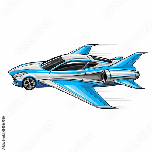 Dynamic blue and white flying car illustration, combining automotive body with jet engines, extended wings, and integrated wheels. This futuristic flying car represents innovative mobility,