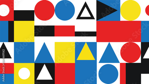 Modern geometric vector wallpaper featuring clean circles, triangles, and rectangles in a balanced flat composition with bold solid colors, minimal abstract background