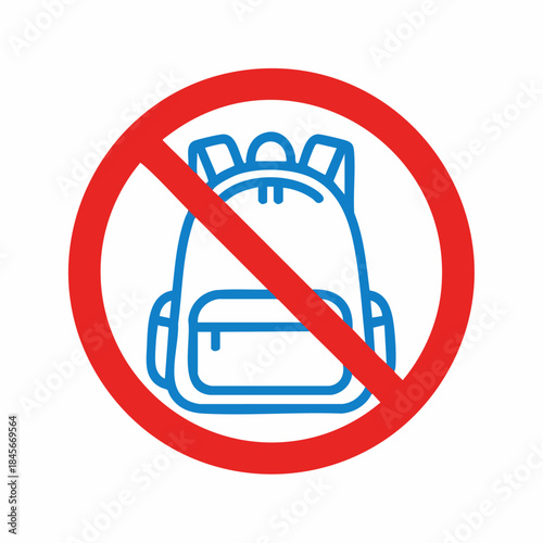 Blue outline backpack inside red forbidden circle, forming clear no backpacks sign for restricted areas. This prohibition symbol effectively communicates no backpacks policy,