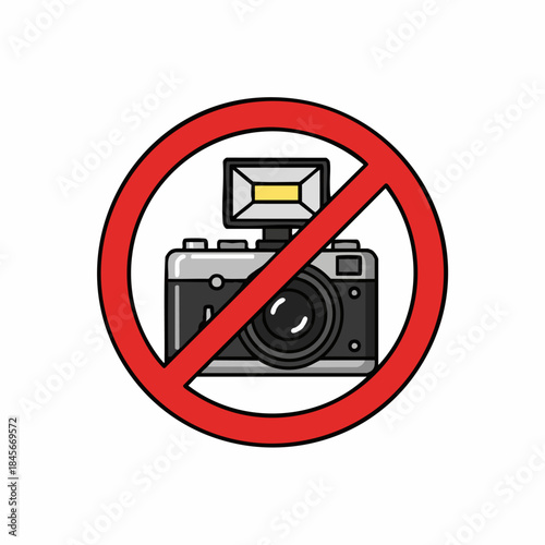 No photography sign illustration with camera, flash, and red forbidden circle on bright white background. Prohibited photography symbol depicts restrictions on capturing images in public spaces.