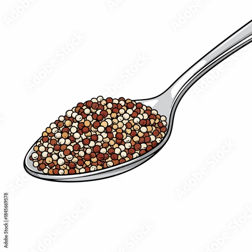 Quinoa seeds, healthy, nutritious, tri color grain displayed on metal spoon. Quinoa seeds provide essential protein, fiber, iron for balanced diet. Concept of quinoa seeds for food packaging,