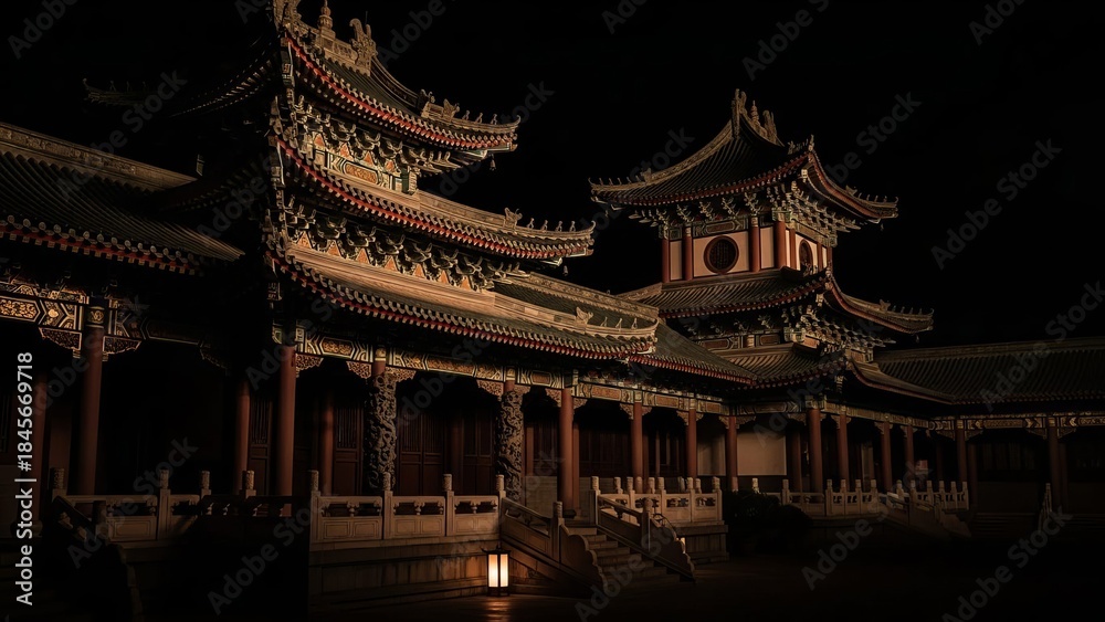 Fototapeta premium Traditional Chinese Temple at Night with Warm Golden Light on Ornate Architecture