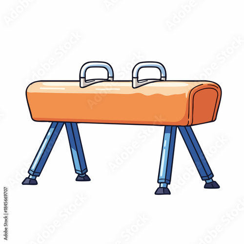 Isolated pommel horse illustration, gymnastic equipment for athletic training and competition. Detailed pommel horse features sturdy metal handles, orange padded body, stable blue legs for exercise.