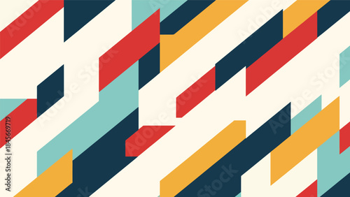Dynamic geometric vector wallpaper with diagonal shapes and rhythmic repetition, modern flat design style, bold solid colors, clean abstract background