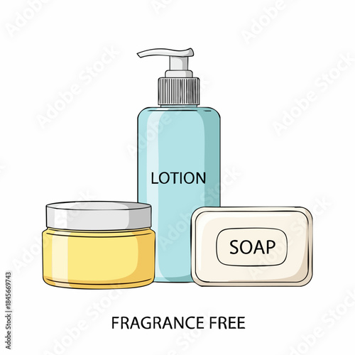 Fragrance free products: lotion, cream, soap. Skincare essentials for sensitive skin, gentle fragrance free products. Clean beauty, wellness concept with natural fragrance free products.