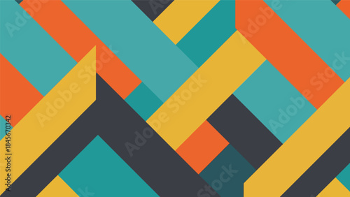 Dynamic geometric vector wallpaper with diagonal shapes and rhythmic repetition, modern flat design style, bold solid colors, clean abstract background