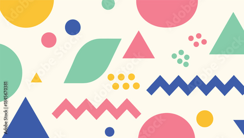 Modern Memphis seamless vector wallpaper with abstract geometric shapes, playful circles, zigzag lines, dots, and triangles in a clean flat design with bold solid colors