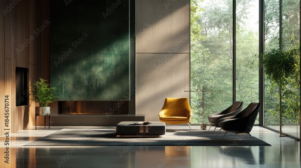 Obraz premium Contemporary living room with fireplace, chic furniture and large sunlit windows framing lush green trees, creating a serene, elegant space for relaxation and indoor outdoor living