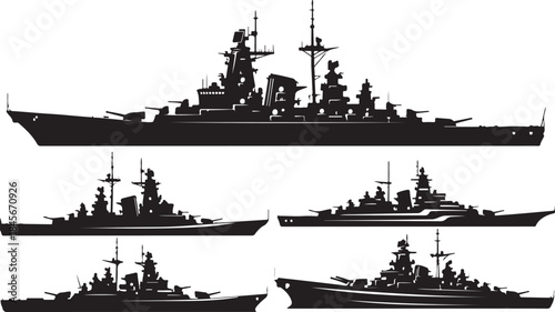  Set of Military Battleship Silhouettes - Vector Illustration