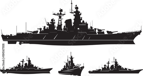  Set of Military Battleship Silhouettes - Vector Illustration