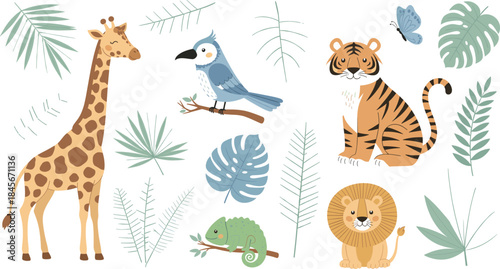 Colorful Vector Set of Cute Jungle Safari Animals Featuring Giraffe, Tiger, Lion, Chameleon, and Tropical Palm Leaves for Kids' Designs