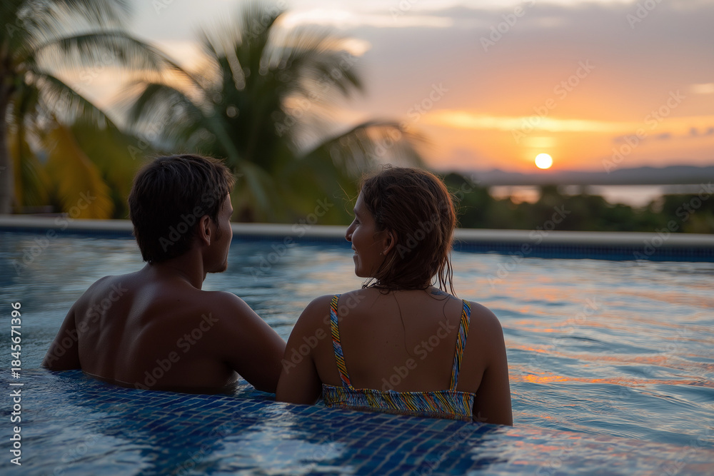 Fototapeta premium A couple enjoys a tranquil moment in a pool, gazing at the mesmerizing sunset, highlighting the beauty of love and connection in a serene setting.