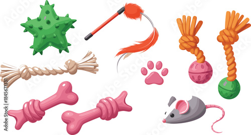 Colorful Vector Collection of Dog and Cat Pet Toys Including Rope, Rubber Bones, Feather Wand, and Star Ball for Animal Care Design