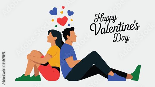 Couple sitting close together with hearts above them on valentine's day