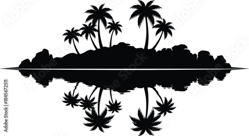 Island Silhouette Vector | Tropical Palm Tree and Rock Formation Illustration