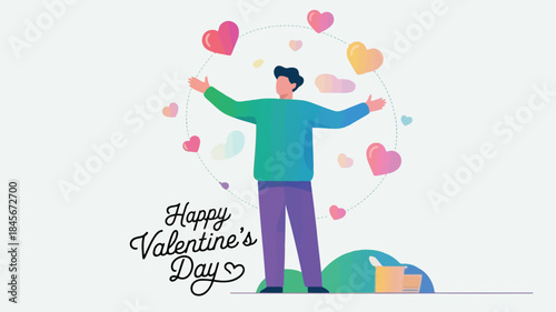 Man standing with arms outstretched surrounded by colorful hearts on valentine's day