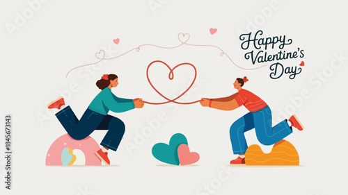 Two people pulling a heart on valentine's day with colorful background