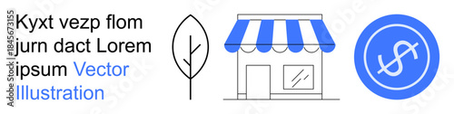 Small businesses, eco-friendly initiatives, financial planning, shopping, sustainability, market trends. A storefront, leaf and dollar sign icon. Commerce and eco-friendly initiatives concept