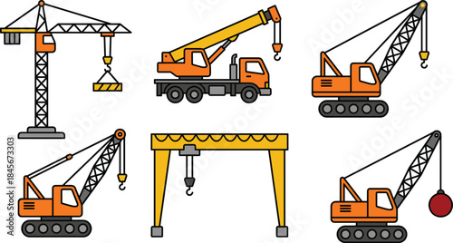 Construction crane set illustration showing tower, mobile, crawler, gantry cranes, heavy machinery equipment icons isolated