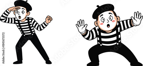 Funny cartoon mime characters performing surprised theatrical poses, expressive street performer illustrations, classic black white mime art isolated