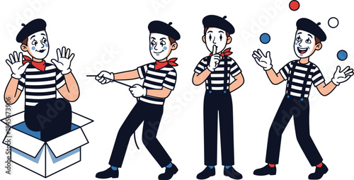 Mime artist character illustration set performing gestures and expressions, striped costume, theatrical performance concept isolated on white background