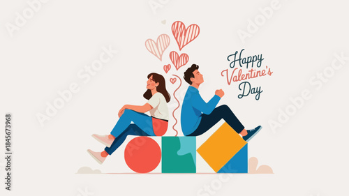 Flat vector couple sitting on colorful blocks with hearts, celebrating valentine's day in a playful and romantic atmosphere with vibrant
