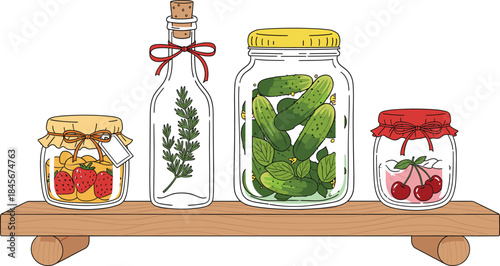 Homemade Jarred Preserves and Pickled Vegetables Vector Illustration Set Featuring Cucumbers, Cherries, and Strawberries on a Wooden Shelf