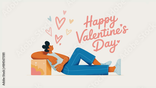 Stylized woman lying on floor with valentine's day hearts floating above her head in pastel colors