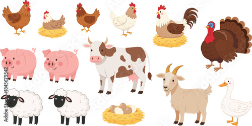 Adorable Hand-Drawn Farm Animals Vector Collection Featuring Cow, Pig, Sheep, and Poultry for Children's Educational Design Projects