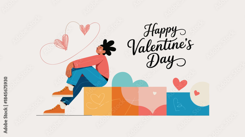 Fototapeta premium Stylized single character sits on colorful blocks with valentine's day hearts