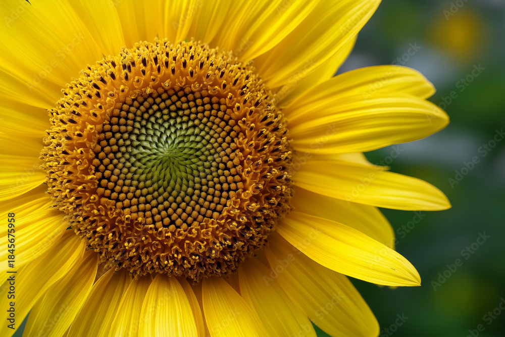 Fototapeta premium A detailed close-up of a vibrant sunflower, capturing its rich yellow petals and intricate patterns in the center, symbolizing beauty, joy, and the brilliance of nature's artistry.