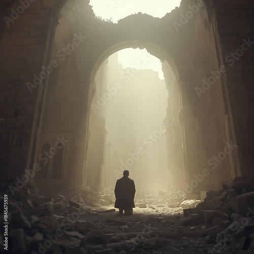 A lone figure stands silhouetted against a dramatic shaft of light illuminating ancient ruins, evoking a sense of mystery and desolation.