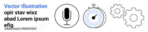Audio technology, productivity, project management, process optimization, time tracking, industry processes. Microphone, stopwatch and gear icons in minimal style. Audio technology and productivity