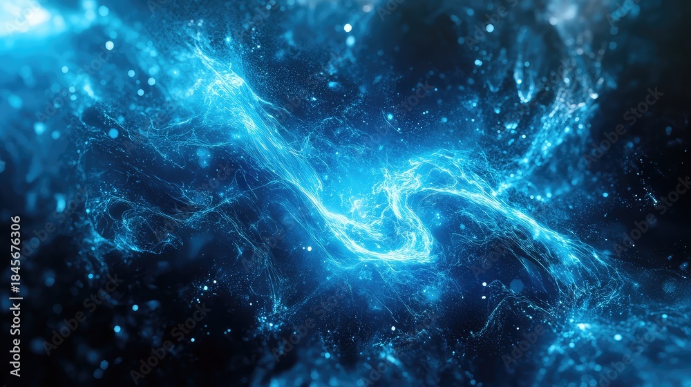 Obraz premium Abstract electric light particles form a dynamic fractal pattern of flowing blue energy waves, evoking data networks, technology, plasma currents and futuristic scientific visualization