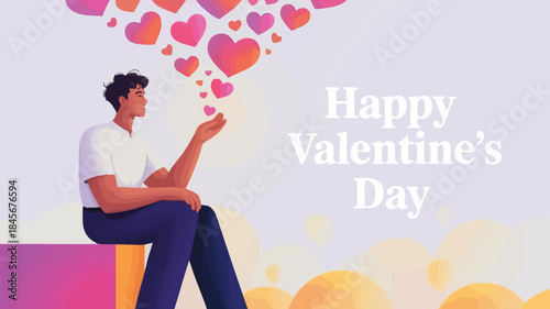 A young man sitting on a pink and yellow block with hearts floating above him on valentine's day
