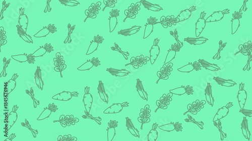 Seamless animated vegetable sketch pattern on mint green background.