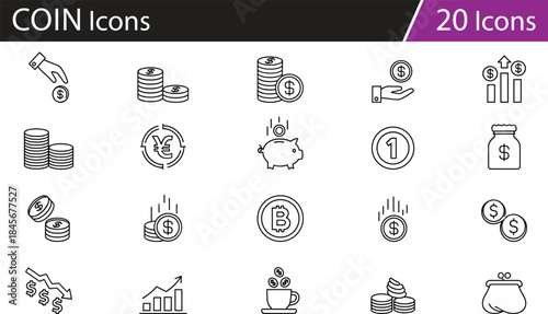 Finance icon set with money, savings, investment, currency exchange, and economic growth in black and white vector style