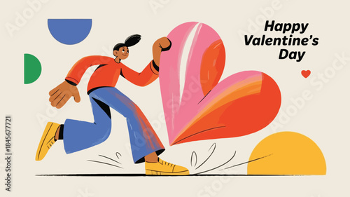 A man runs with a huge flat heart on valentine's day with colorful shapes around him