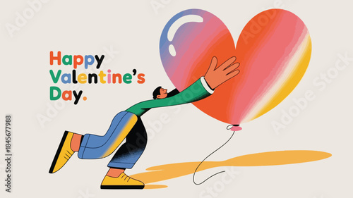 Man holding large heart shaped balloon on valentine's day, colorful and playful scene with vibrant hues