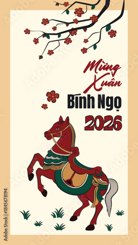 Traditional Dong Ho folk painting. Happy Vietnamese new year 2026, year of the horse.  ( Translation : happy new year 2026 )