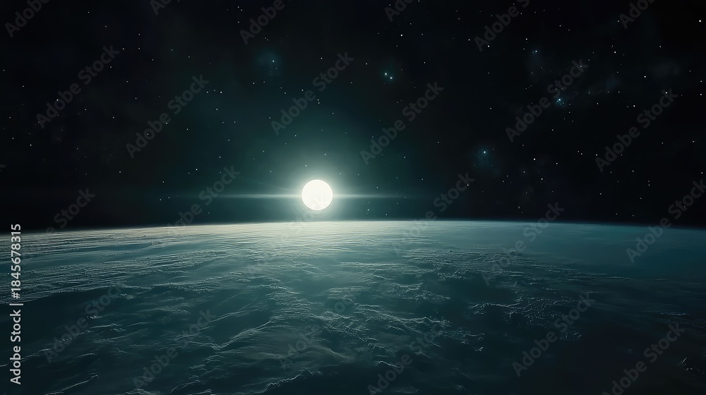 Obraz premium Distant planet's curved horizon illuminated by a glowing star, creating an atmospheric glow over the clouds, with countless stars visible in the dark cosmic background