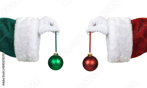 PNG image of Santa hands in green and red suits hold contrasting red and green christmas ornaments against a for holiday design on transparent background