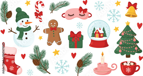 Cute hand-drawn vector collection of traditional Christmas and New Year symbols including a snowman, gingerbread man, tree, stocking, snow globe, and gift box.