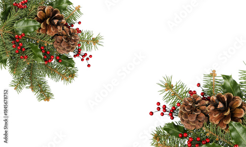 PNG image of Festive christmas corner border design featuring pine branches holly leaves bright red berries and natural brown pinecones on transparent background