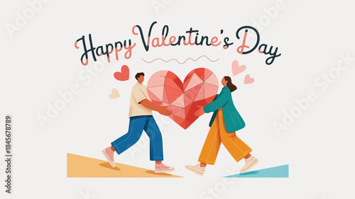 Elongated couple carrying massive pink heart on valentine's day with colorful geometric shapes and hearts around them in playful illustration