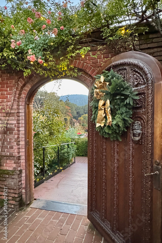 View from the door to the beautiful garden during Christmas season in California 