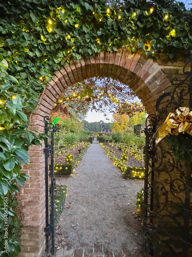 View from the door to the beautiful garden during Christmas season in California 